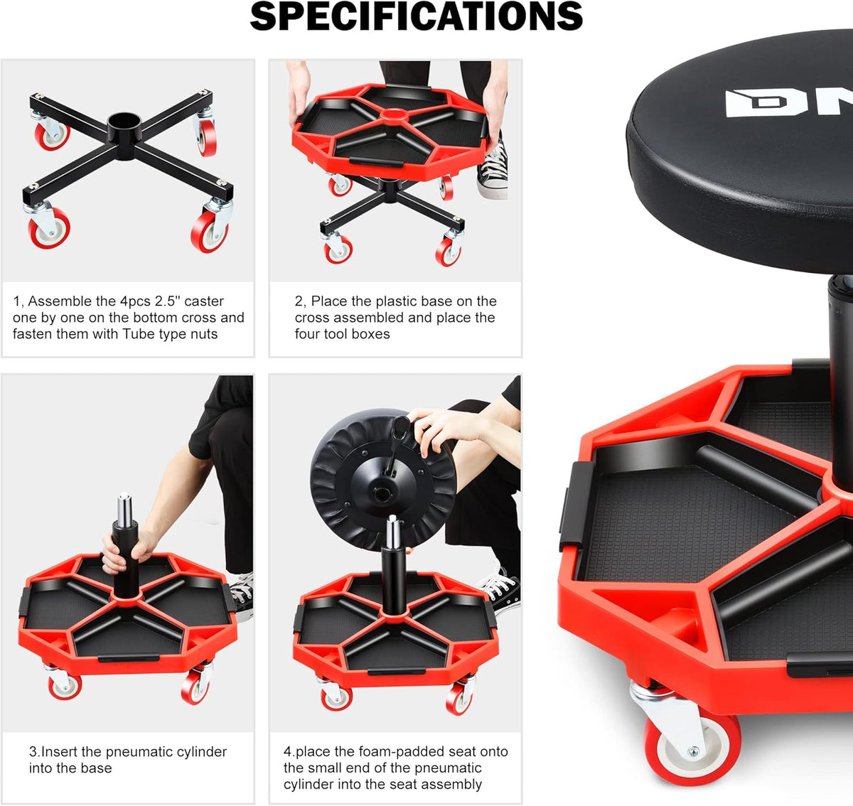 DNA MOTORING TOOLS-00253 Adjustable Height Pneumatic Garage Seat Rolling Mechanic Stool with Tool Tray Storage,300lbs Max Weight Capacity