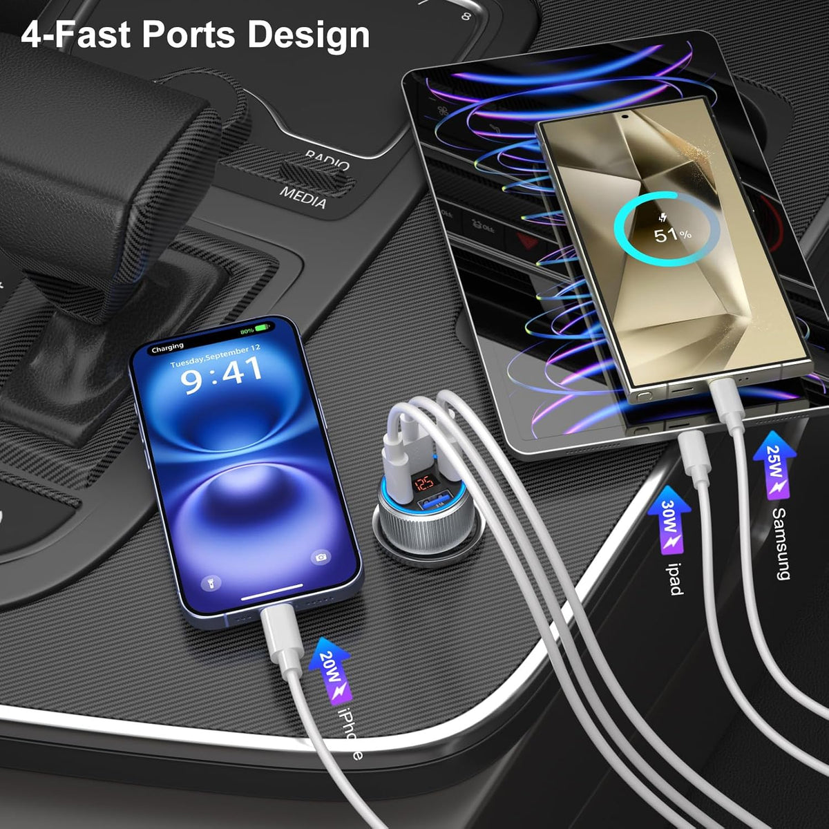 Car Charger USB C, 65W Multi Port Dual 12V Cigarette Lighter USB Car Charger Adapter with Voltage Display PD/QC 3.0 Super Fast Charge Car Phone Charger for iPhone 16 15 14 13 12 Pro Max Plus(Gray)