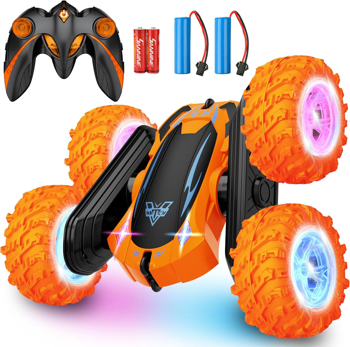 Remote Control Car, 2.4GHz Electric Race Stunt Car, Double Sided 360° Rolling Rotating Rotation, LED Headlights RC 4WD High Speed Off Road Gift for 3 4 5 6 7 8-12 Year Old Boy Toys (Orange)