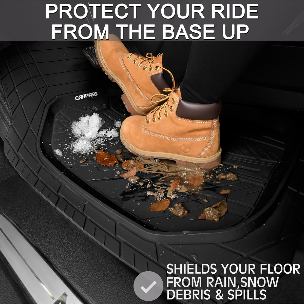 CAR PASS DeepDish Heavy Duty Rubber Floor Mats 3-Piece, Universal M-XL Size Trim-to-Fit Automotive Floor Mats for Truck Van SUV, Durable Waterproof All Weather Car Mats (Solid Black)