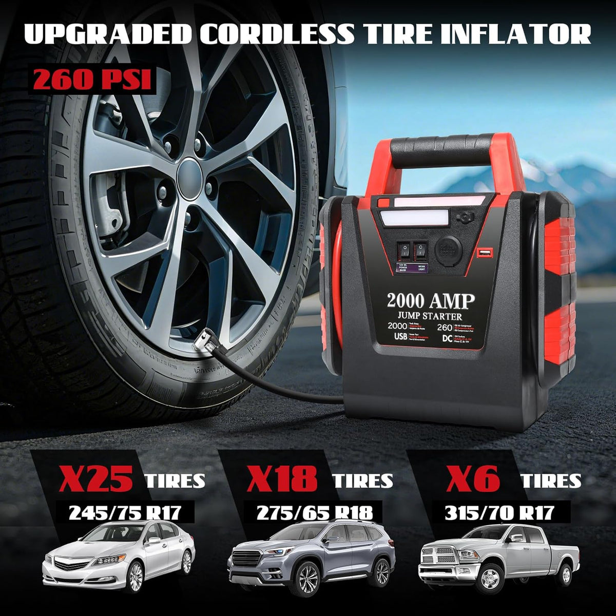 2000A Jump Starter with Air Compressor,Car Battery Jumper Starter 260 PSI Tire Inflator,6 in 1 Auto Lead-Acid Battery Booster Jump Starter for Up to 10.0L Gas or 8.0L Diesel with LED Light