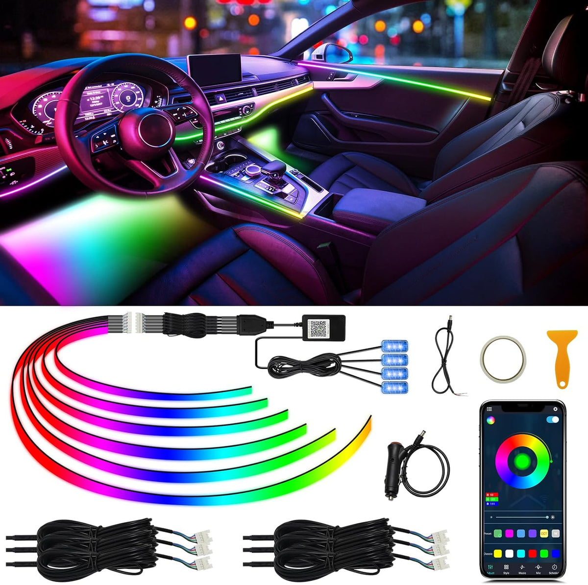 Acrylic Interior Car LED Strip Light, AMKI Car Led Lights Interior with Wireless App, Dreamcolor RGB 10 in 1 with 175 inches 593 LEDs Ambient Lighting Kits, 16 Million Colors Music & DIY Function