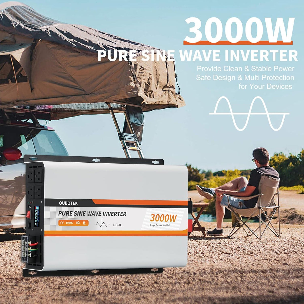 3000 Watt Pure Sine Wave Inverter 24V DC to 120V AC Converter for Truck Boat Camping Outdoor Solar System, 3000W Power Inverter with LCD Display, Remote Controller, USB Port, 4 AC Outlets