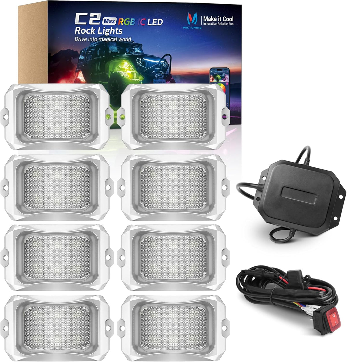 MICTUNING C2 MAX RGB+IC LED Rock Light with White Housing - 8 Pods Chasing Color Underglow Lights Kit, Dynamic Lighting Modes, APP Control, IP68 Waterproof, DIY Effect, Up to 24pods Extensible