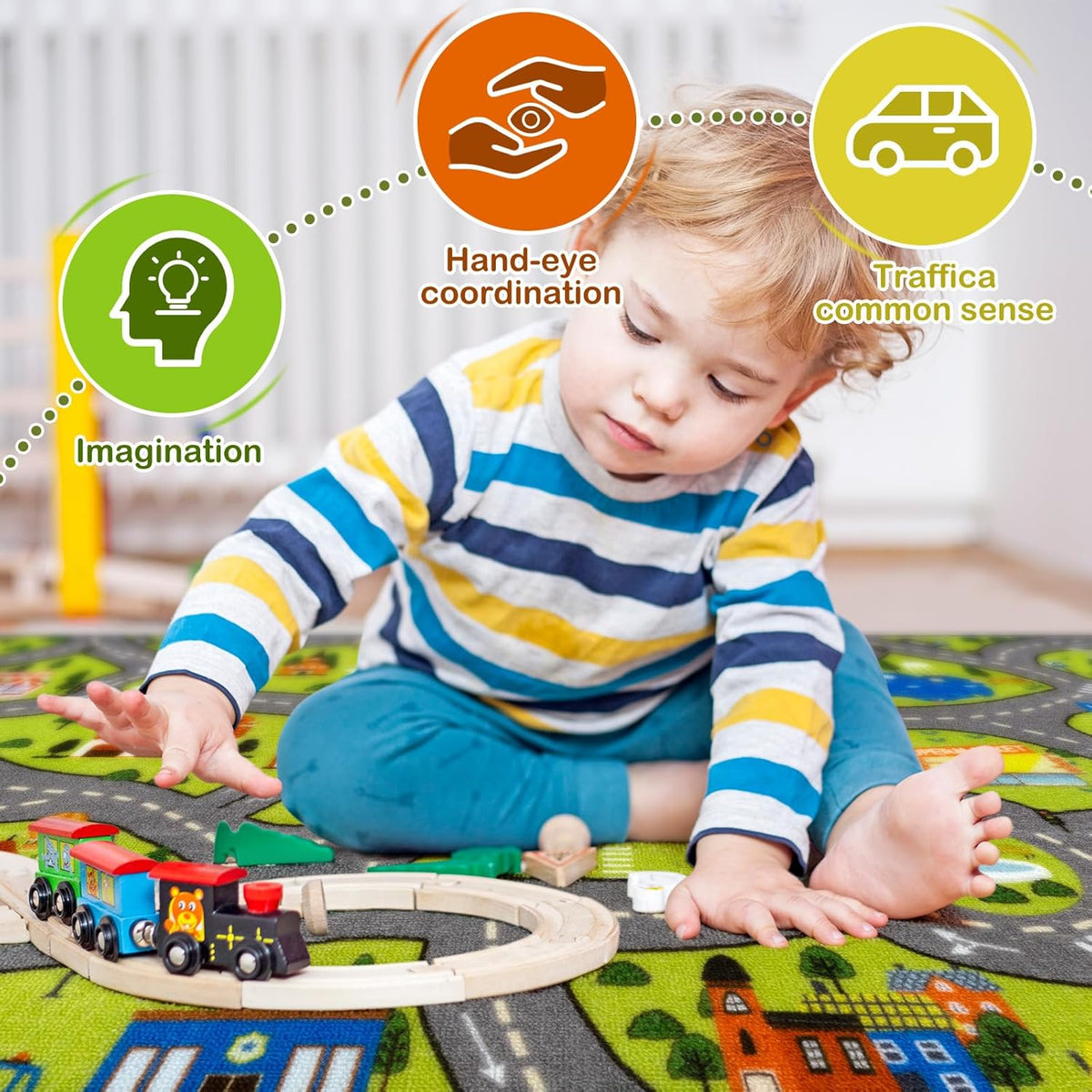 STARUIA Washable Kids Play Rug for Playroom, Boys Car Rug for Kids Toy Cars Have Fun Safely, Non-Slip Educational City Road Rugs Carpets for Kid Room Bedroom, 60" x 32"