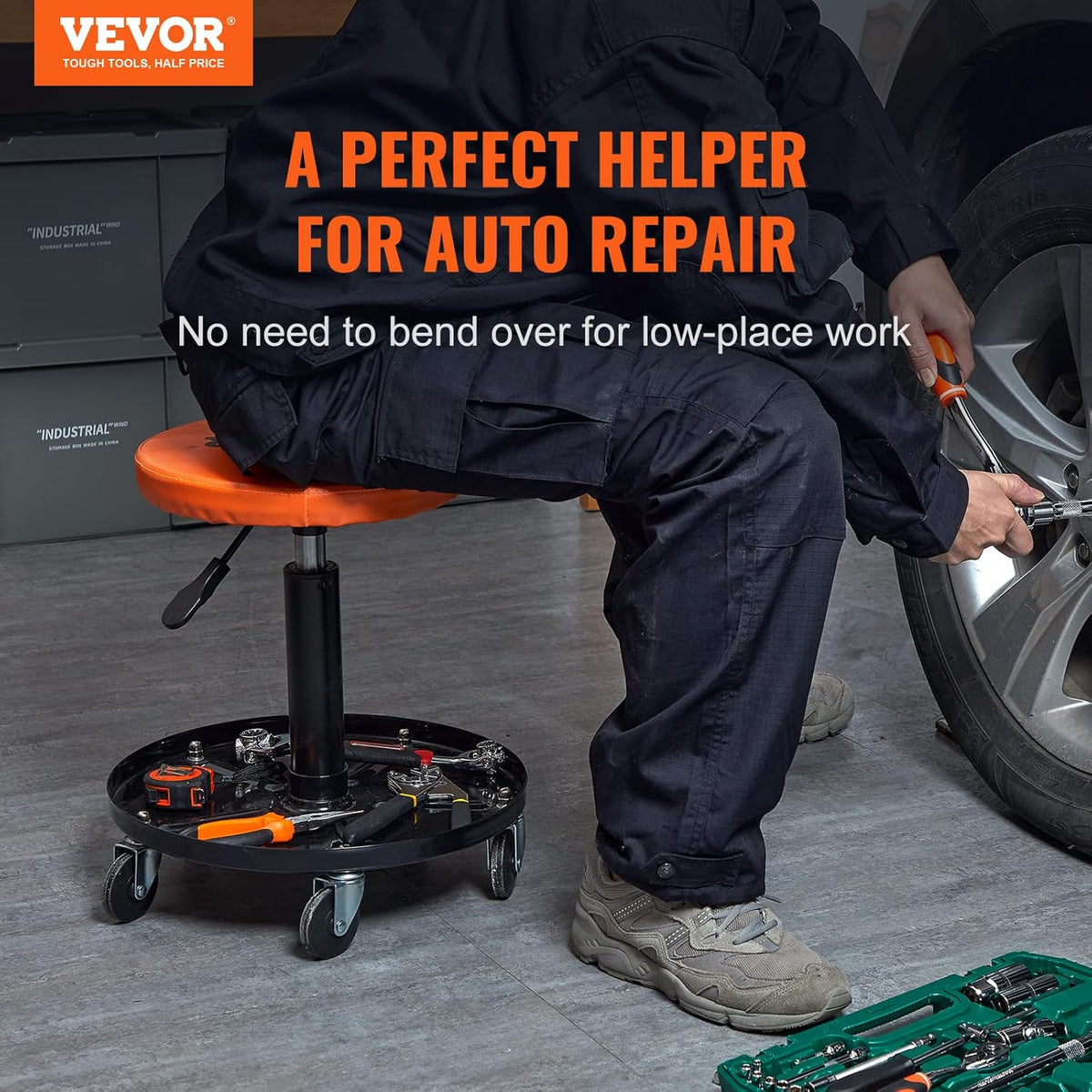 VEVOR Mechanic Stool, 250 LBS Rolling Pneumatic Creeper Garage/Shop Seat, Adjustable Height 16-22 inch in Padded Rolling Workshop Stool with Tool Tray, for Garage, Shop, Auto Repair, Black+Orange