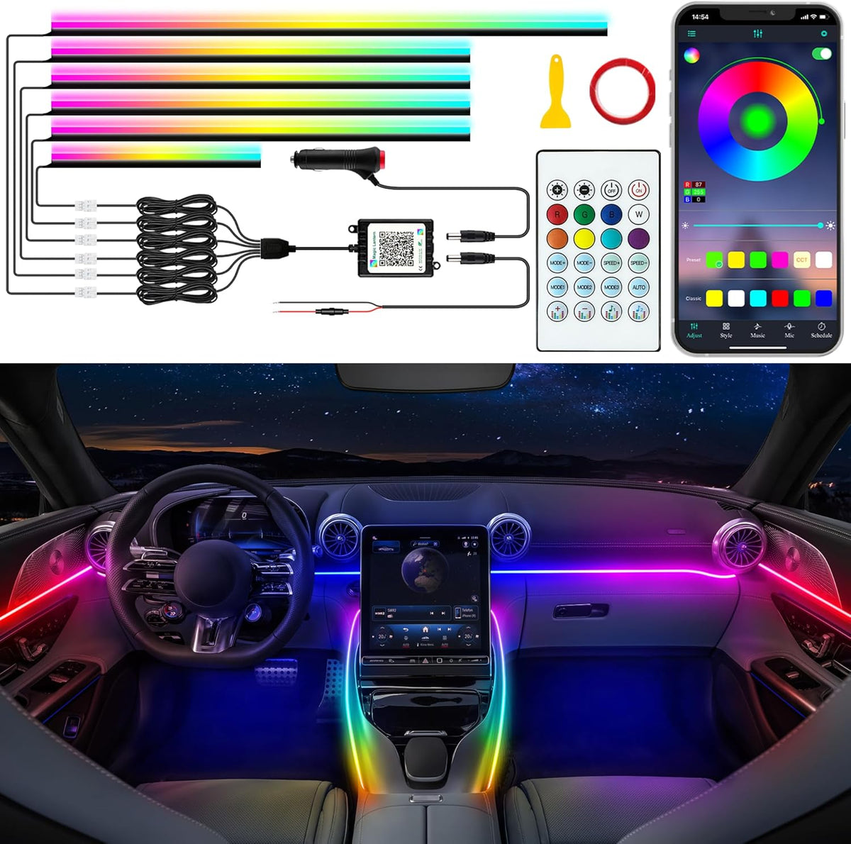 Acrylic LED Lights - Interior Car Ambient Lighting Kits with Dynamic Rainbow Dream Color Chasing, Music Sync (6 in 1(4 * 29.5+43.3+14.5 inches))