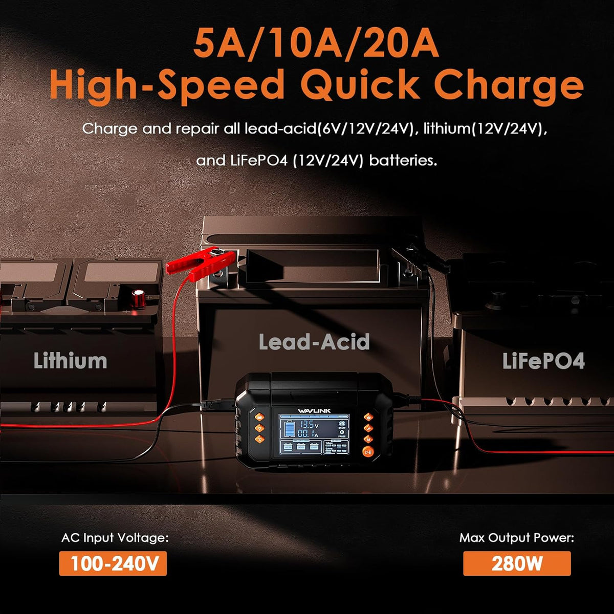 WAVLINK Smart Battery Charger, 20-Amp, Car Battery Charger with LCD Display, for 6V/12V/24V Lead-Acid/Lithium/LiFePO4 Batteries, Trickle Battery Maintainer and Desulfurizer for Car, Boat, Motorcycles