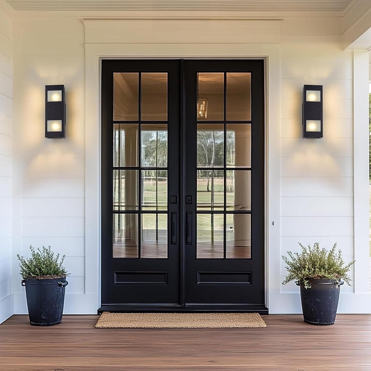 harriet Porch Lights Outdoor Modern - IP64 Waterproof Aluminum and Tempered Glass Cover, 13" Rectangular Up/Down Wall Sconce for Porch, Garage & Patio, Exterior Lighting, Black, 2 Pack