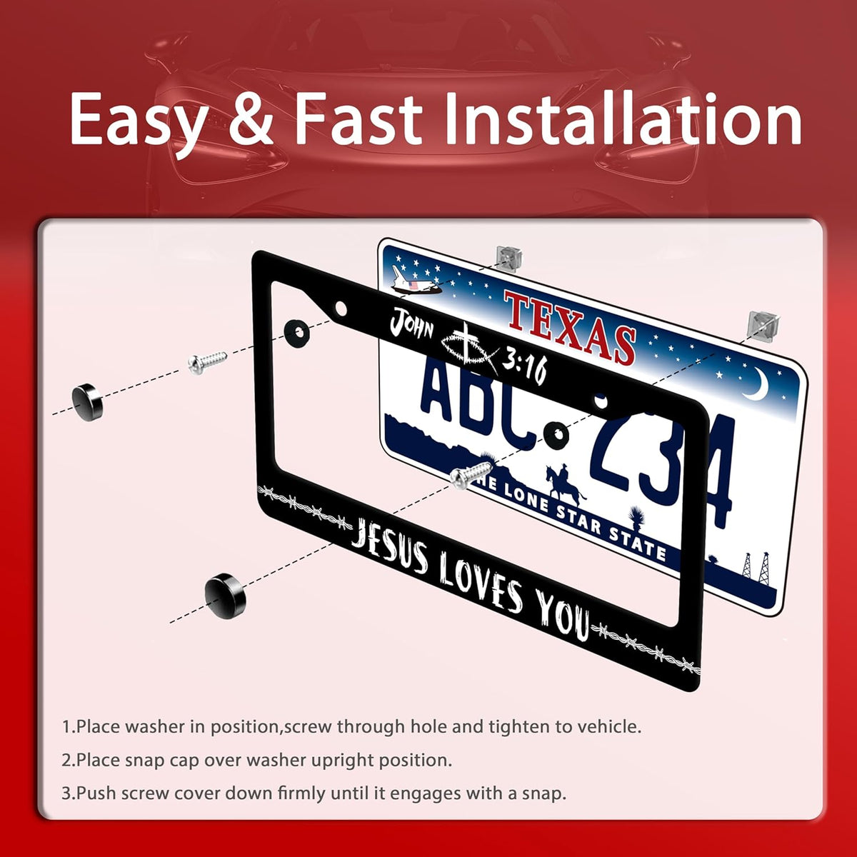 John 3:16 Jesus Loves You License Plate Frame Christian License Plate Frames Funny Stainless Steel Accessories Cars Decor with 2 Holes and Screws Fits Standard Us Ca Vehicles Holder 12.2 X 6 Inch
