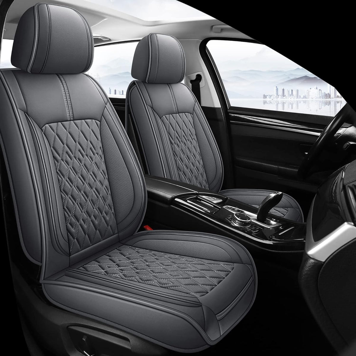 Pariitadin Leather Car Seat Covers Front Pair, Waterproof Breathable Faux Leather Automotive Seat Covers for Cars, Non-Slip Car Interior Covers Universal Fit Most Cars Sedans Trucks SUVs, Gray