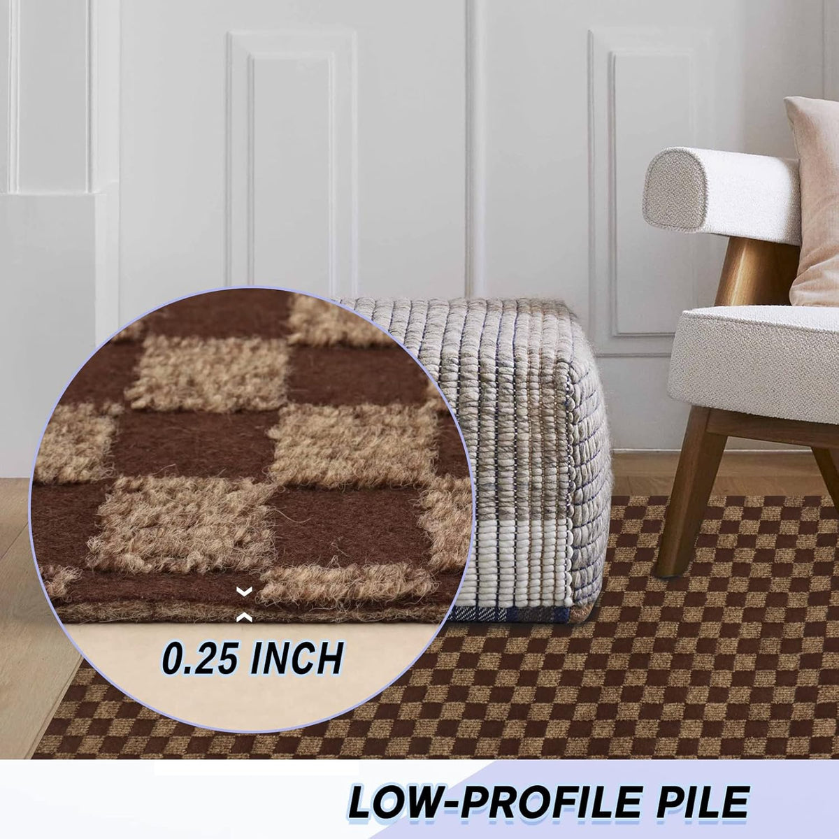 Custom Size Backed Non-Slip Area Rugs Runner, Easy Clean, Waterproof Runner Rugs for Hallway Entryway, Kitchen, Laundry, 4FT x 57FT, Brown Checkered