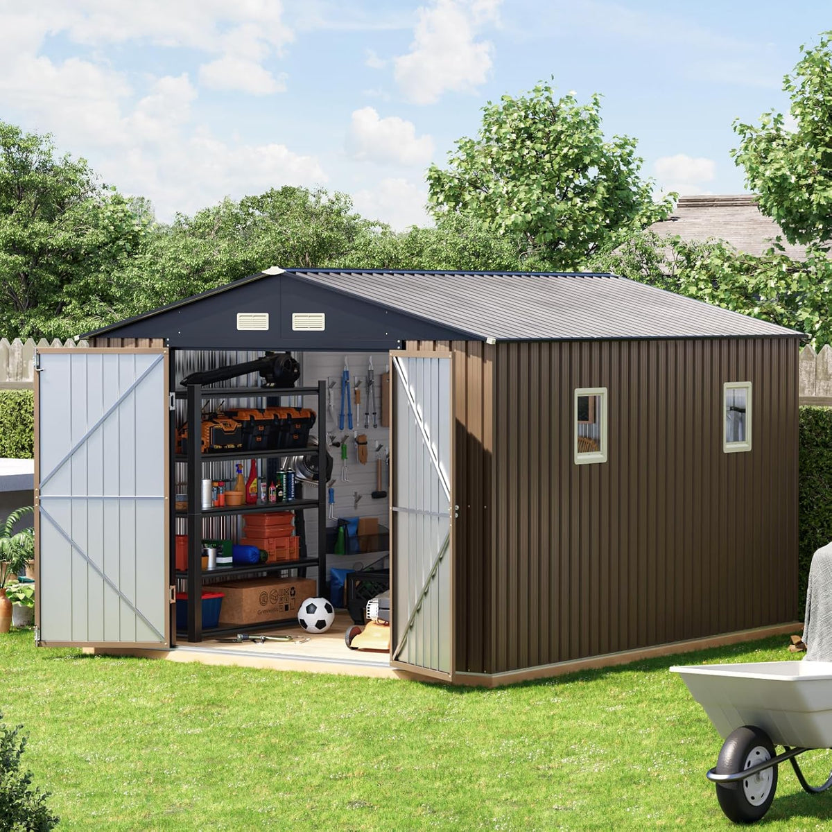 10x10 FT Outdoor Metal Storage Shed, Double Swing Doors, 2 Clear Windows,Tool Shed for Garden, Patio, Backyard Brown