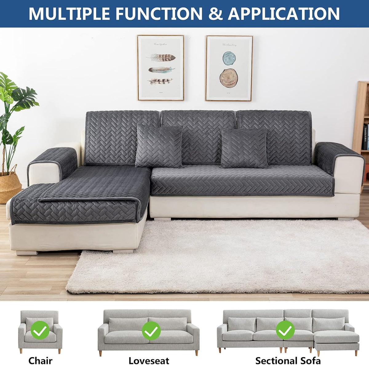 Eismodra Couch Cover,Sectional Couch Covers,Sofa Covers for 3 Cushion Couch,Anti-Slip Sofa Slipcovers for Dogs Cats Kids Loveseat Recliner L Shaped Armrest Backrest,Dark Gray 43''x63''(Only 1 Piece)