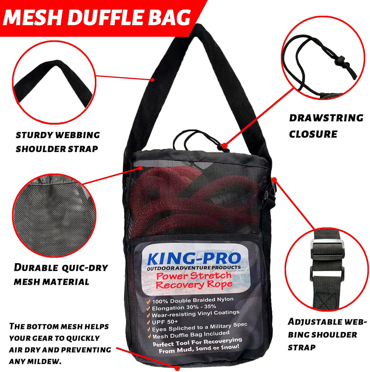 KING-PRO Kinetic Recovery Rope 7/8“x30' Towing Rope 30,000lbs Breaking Strength 100% Nylon Made Heavy Duty Offroad Snatch Strap 30% Elasticity for Full-Size Truck Large SUVs Offroad Vehicels (Red)