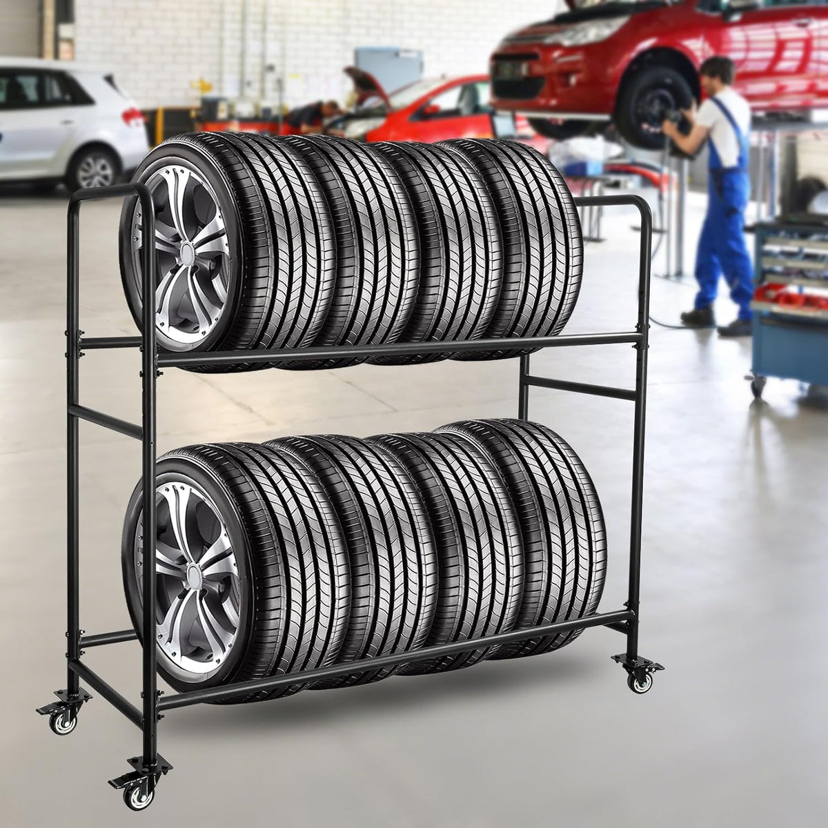 Tire Rack, Adjustable Height Metal Rolling Storage Rack 60" x 59" x 21" for Garage, Warehouse, Indoor Outdoor Use, Holds Firewood & Tires