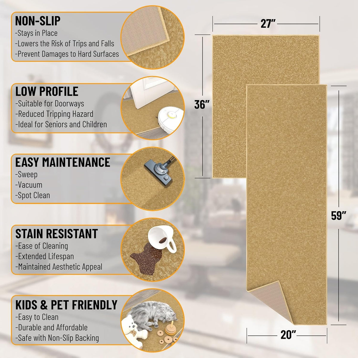 Ottomanson 2-Piece Kitchen Rug Set - Non Slip, Runner & Small Area Rug - Solid - 20" x 59" & 2'3" x 3' - Durable, Stain Resistant for Entryway, Bedroom and Bathroom, Beige