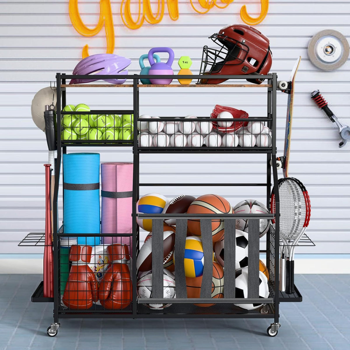 Sports Equipment Organizer, Garage Storage with Basket and Hooks, Rolling Cart with Wheels for Toy Sports Gear Storage, Ball Rack for Indoor/Outdoor