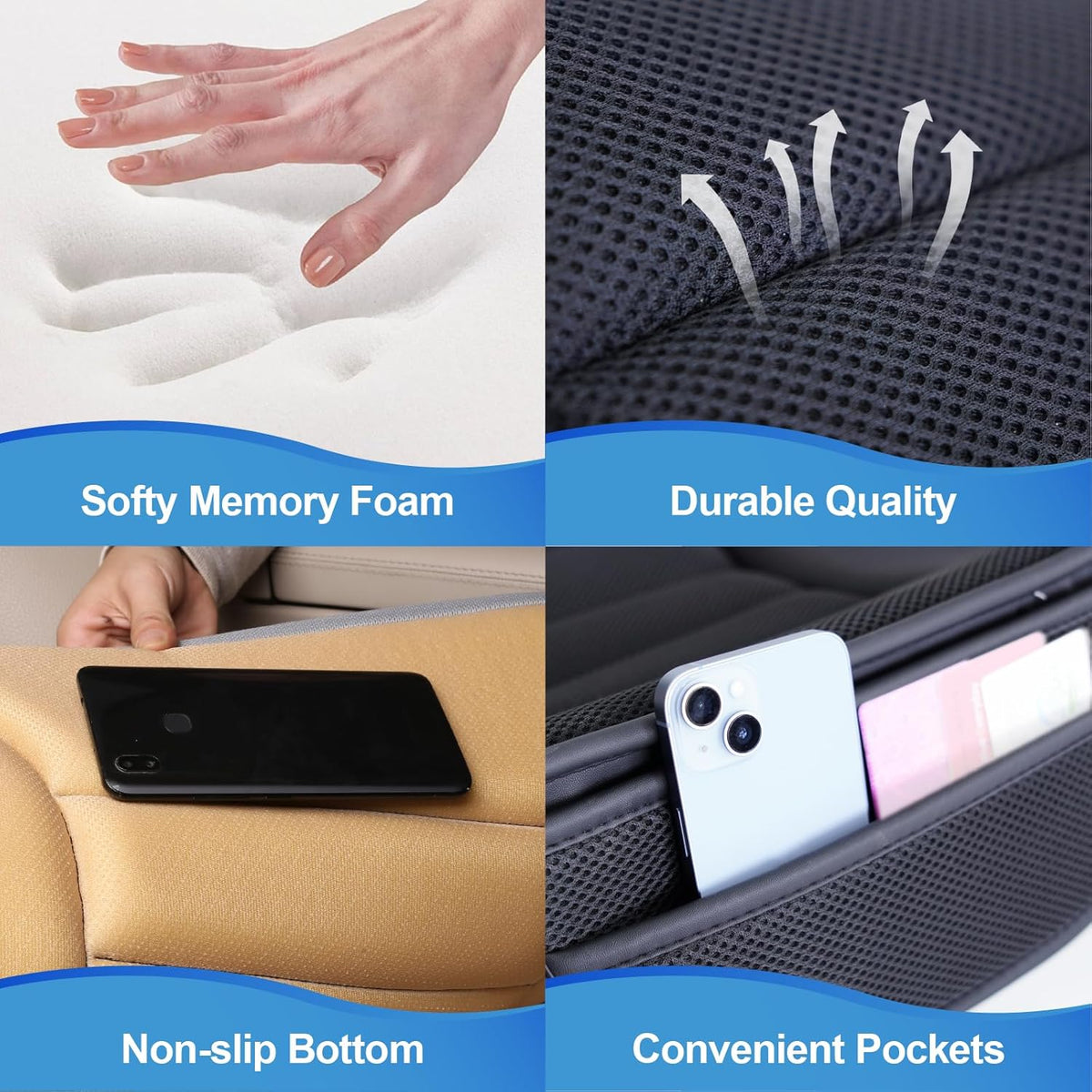 Premium Car Seat Cushion, Driver Cushion with Comfort Memory Foam & Non-Slip Rubber Bottom, Car Seat Pad Works with 95% of Vehicles and Office Chair or Home (4D Mesh - Black)