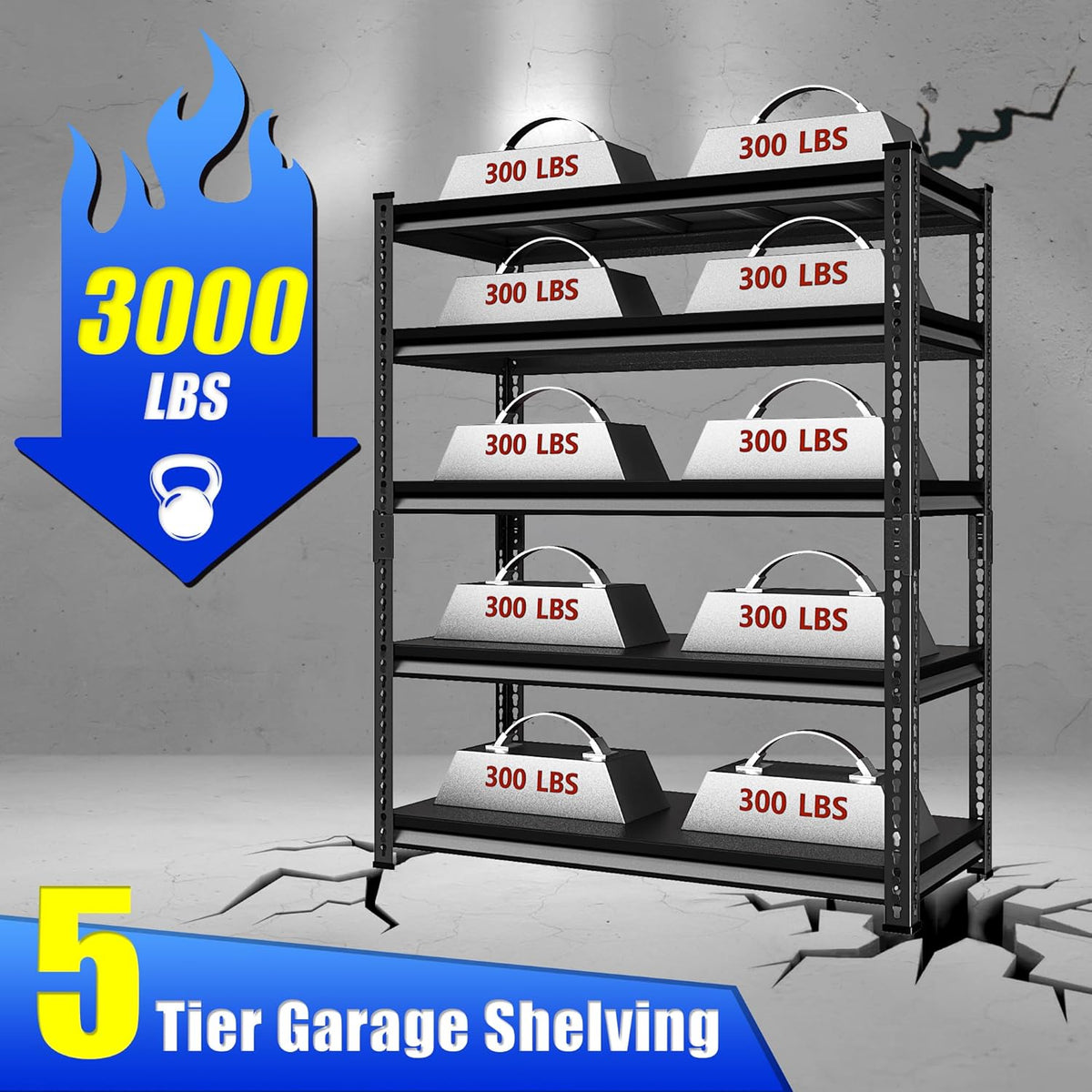 48" W Heavy Duty Garage Shelving, 5-Tier Metal Industrial Shelves, 3000LBS Loads, 4 Pack