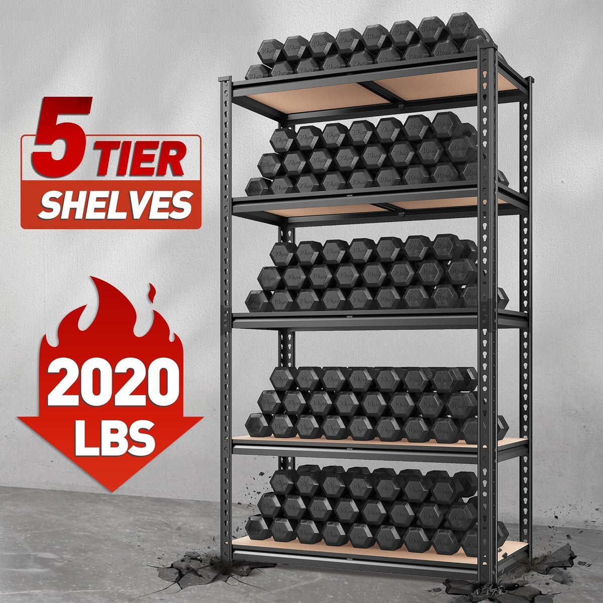 REIBII 2020LBS Storage Shelves 5 Tier Garage Shelving Heavy Duty, Adjustable Metal Shelving Unit, Garage Shelves for Basement, Warehouse, Pantry, 72" H x 35.55" W x 16" D, Black, 4 Pack