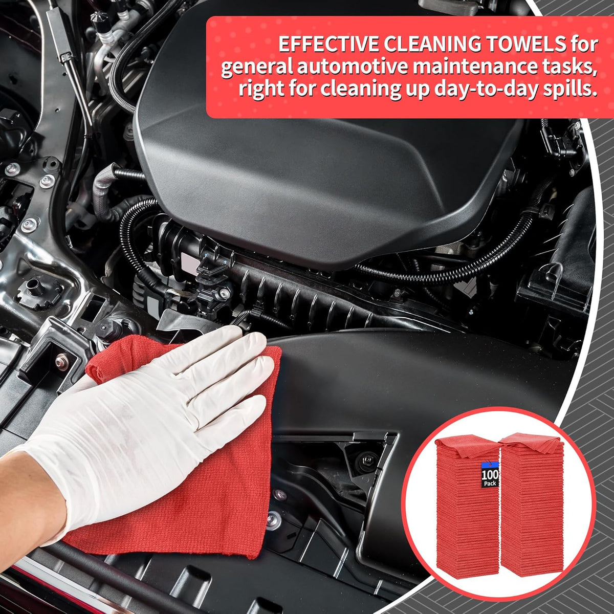HOMERHYME Shop Towels Rags, 100 Pack Microfiber Cleaning Cloth Bulk Absorbent Detailing Rags, Lint-Free Microfiber Towels for Cars, Mechanic, Shop, Garage & Housekeeping 11.5"*11.5" Red
