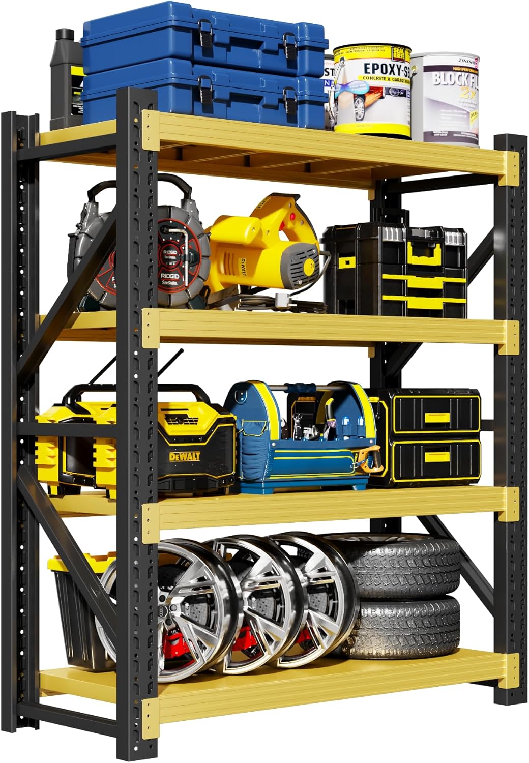 Garage Shelving Unit, 4 Tier Heavy Duty Racks, Easy Assembly, Metal Racks with Adjustable Shelves, 3000 LBS Load Capacity,for Warehouse,Basement (Black&Yellow, 23.6" D x 47.2" W x 78.7" H)