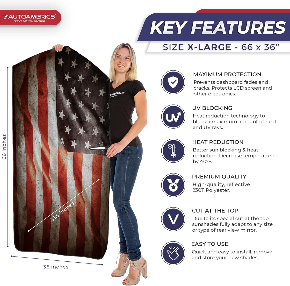 Autoamerics Truck Windshield Sun Shade with Storage Pouch & Anti-Slip Dash Pad - Foldable Grunge USA Flag-1 Design Cover - Fits Most SUVs & Trucks -Reflective 230T Material | X-Large (66 x 36 inches)