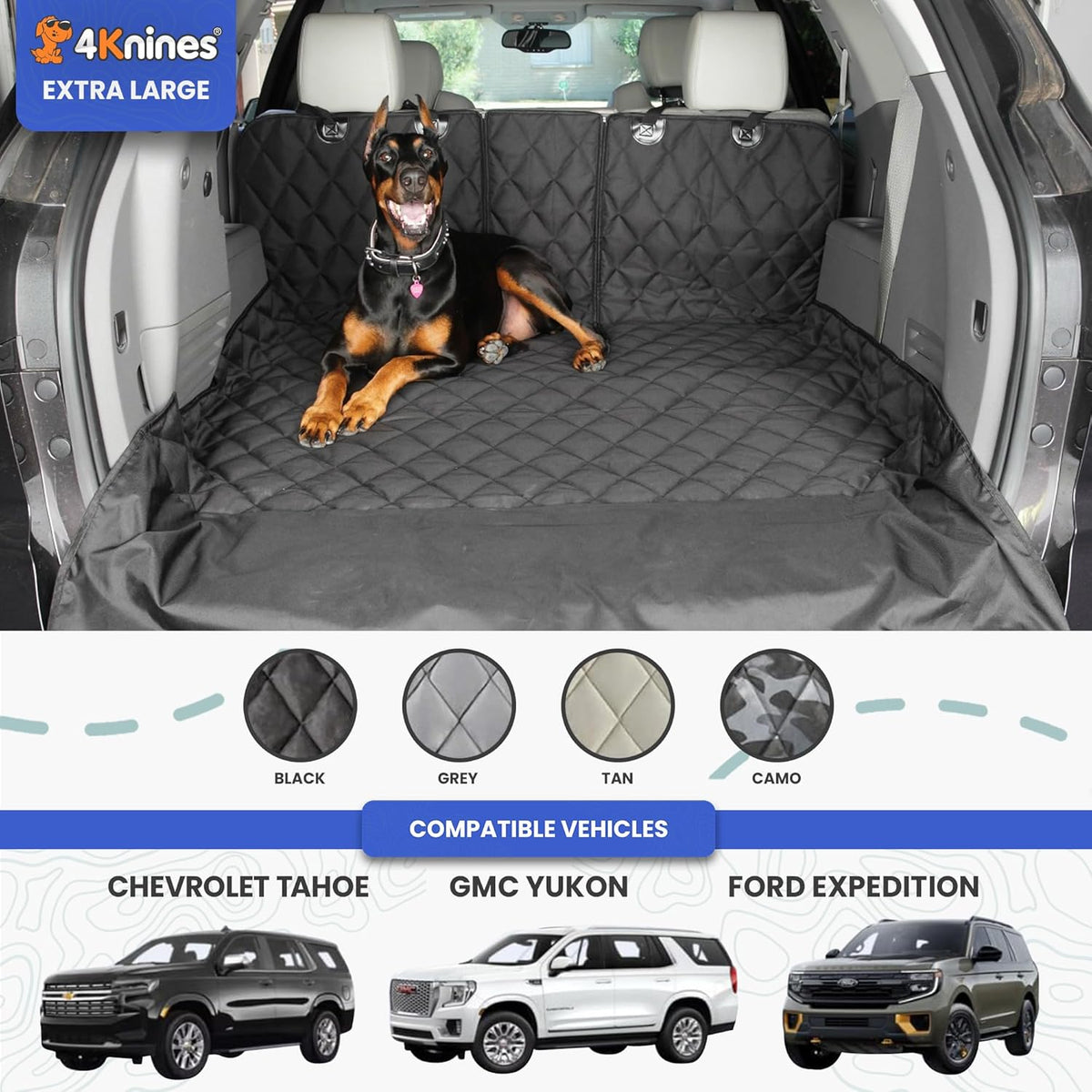4Knines SUV Cargo Liner for Dogs, Trunk Mat for SUV, Durable Cargo Cover, Protector – Compatible with 60/40 Split Bench & Armrest Pass-Through, Waterproof, Machine Washable, Non-Slip (X Large, Black)