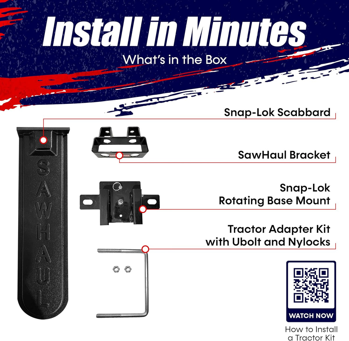 SawHaul Snap-Lok Universal Chainsaw Carrier Kit for Tractors and Skid Steers – 20 Inch Black Scabbard with Rotating Mount – Compatible with All Chainsaw Brands – Made in USA