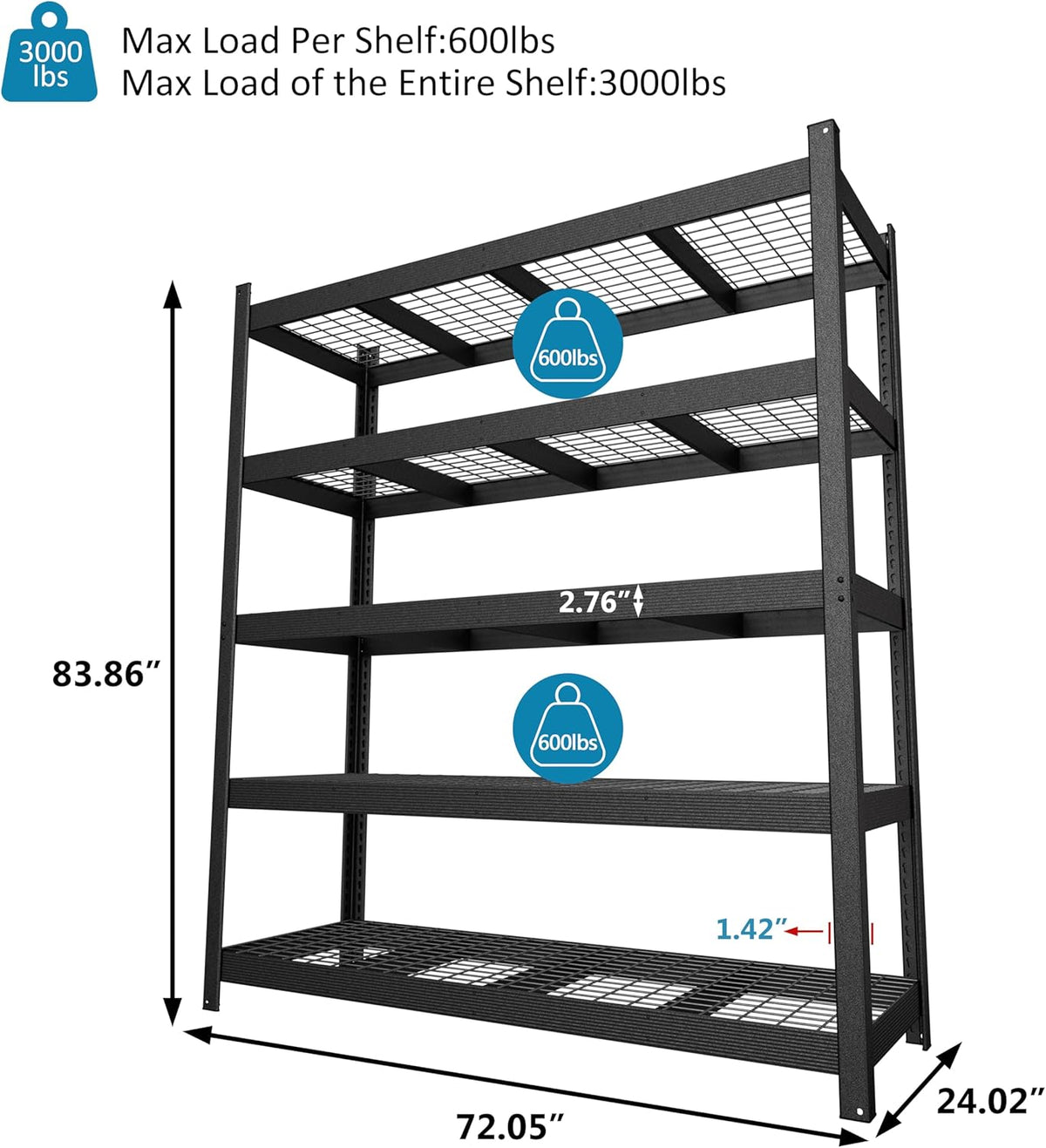 MUPATER 72.05” W × 24.02” D × 83.86” H, Heavy Duty Metal Storage Shelves, 3000 LBS Capacity, 5-Tier Adjustable Garage Shelving, Storage Shelf Rack for Kitchen, Basement, Warehouse