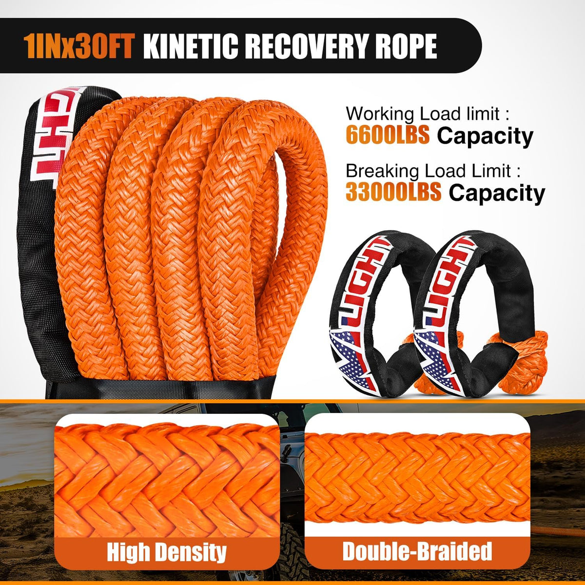 Nilight Kinetic Recovery Tow Rope Kit with 2 Soft Shackle 1" x 30ft Heavy Duty Offroad Tow Rope Snatch Strap Towing Strap kit (33,000LBS) for UTV ATV SUV Truck Car Jeep Tractor