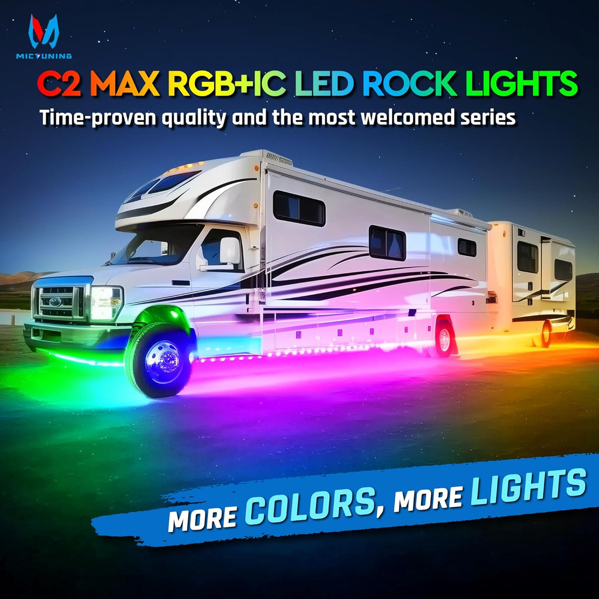 MICTUNING C2 MAX RGB+IC LED Rock Light with White Housing - 16 Pods Chasing Color Underglow Lights Kit, Dynamic Lighting Modes, APP Control, IP68 Waterproof, DIY Effect, Up to 24pods Extensible