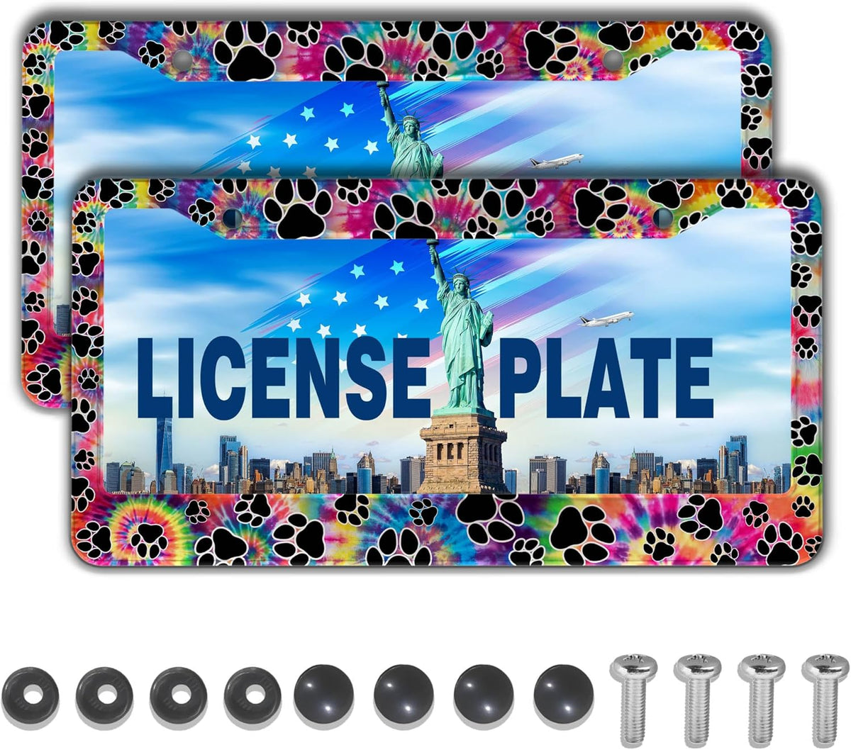 License Plate Cover for Men Multicolor License Plate Frames for Women Tie Dye Paw Print Aluminum Metal Car Accessory 2 Pack with Screw Covers Set