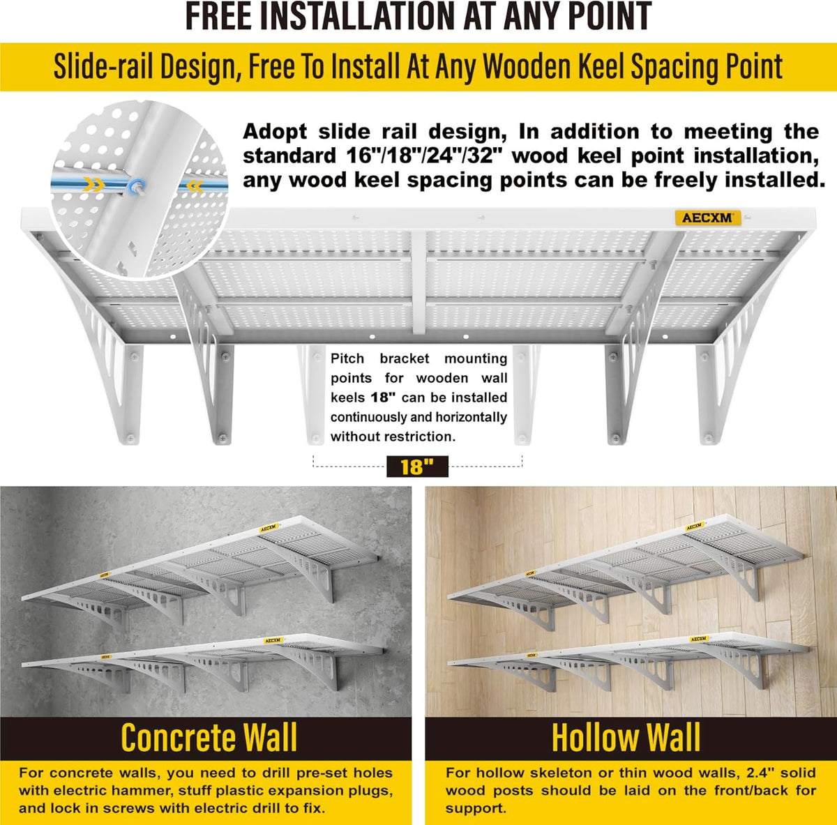 4-pack 2x3ft Adjustable Garage Wall Shelving 1120lbs Load Capacity Heavy Duty Wall Mounted Storage Shelf Metal Floating Shelves for Garage(White)