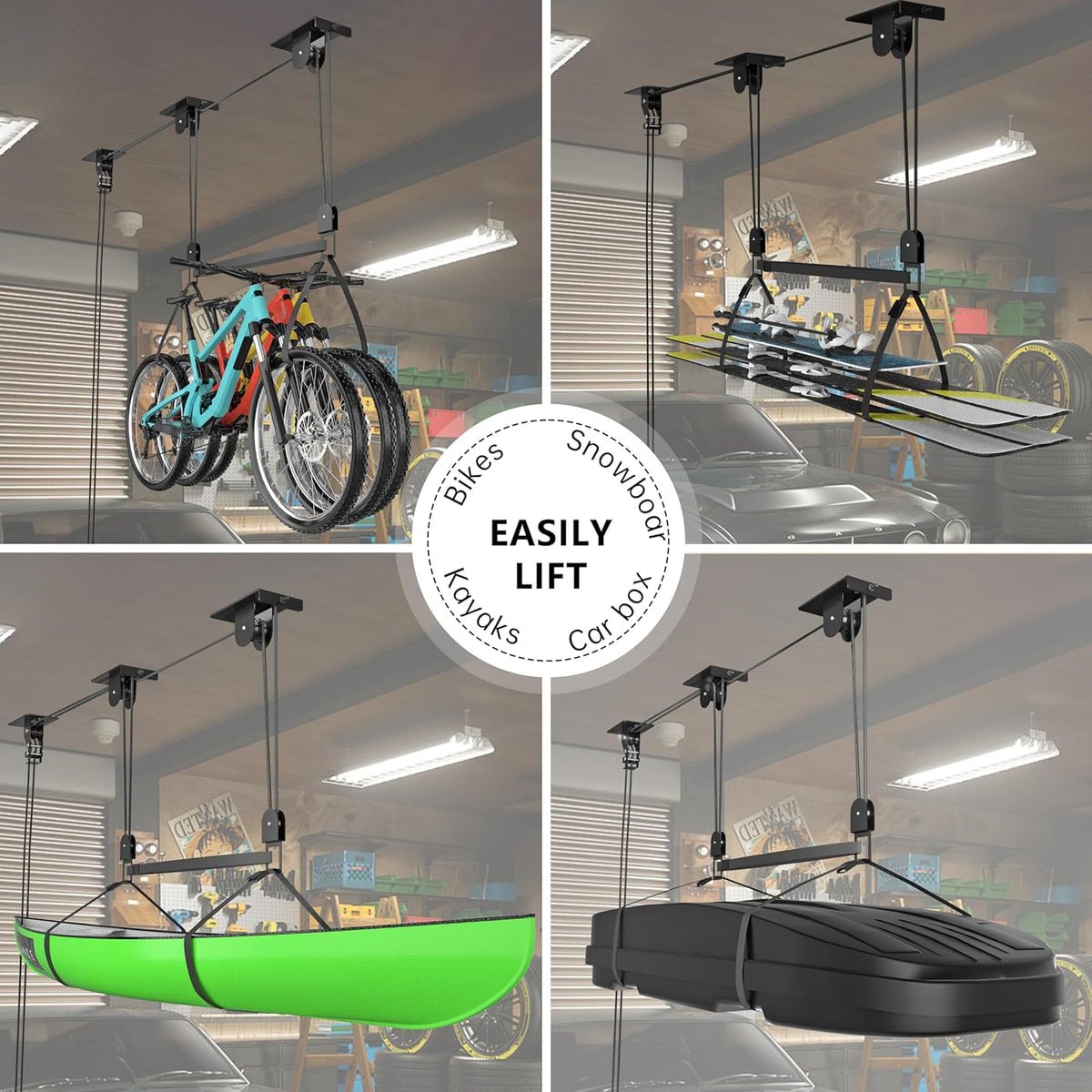 2025 Upgrade Cargo Box Garage Pulley System, Garage Ceiling Hoist Heavy-Duty Holds up to 150 lbs Capacity, Fit 10-14 Foot Ceilings, Black