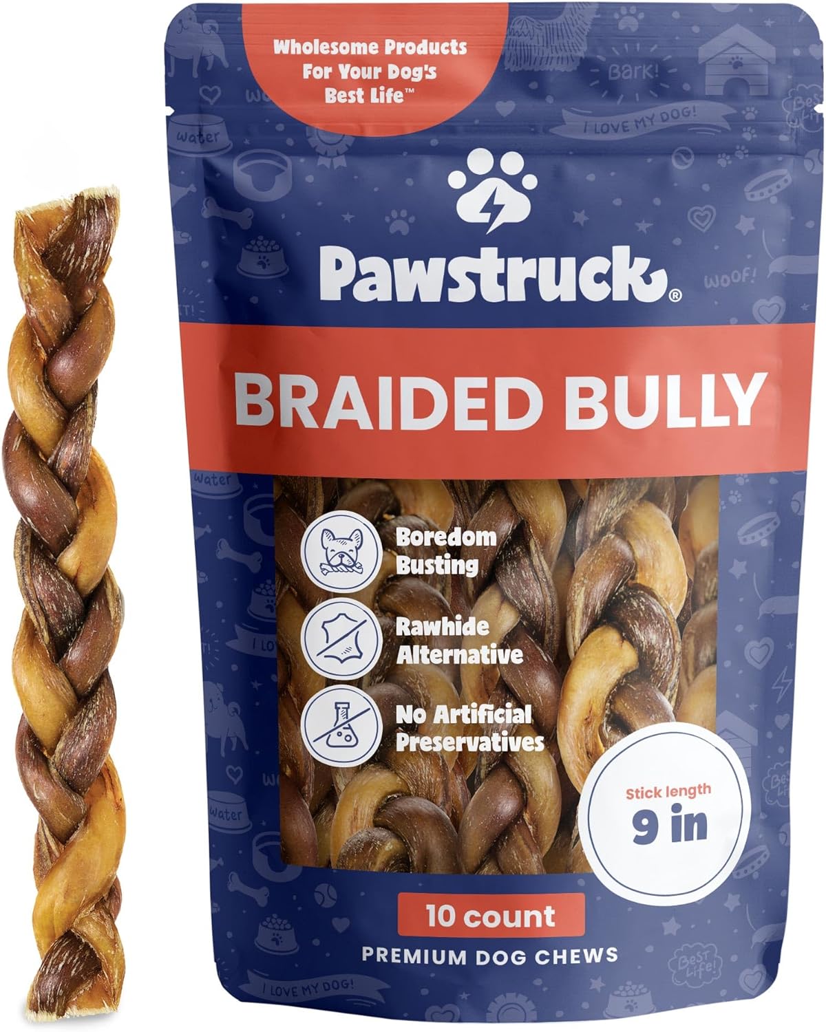 Pawstruck Natural 9” Braided Bully Sticks for Dogs - Tough, Long-Lasting, Rawhide-Free, Low Odor, Healthy Single Ingredient Chew Treat for Aggressive Chewers - 10 Count - Packaging May Vary