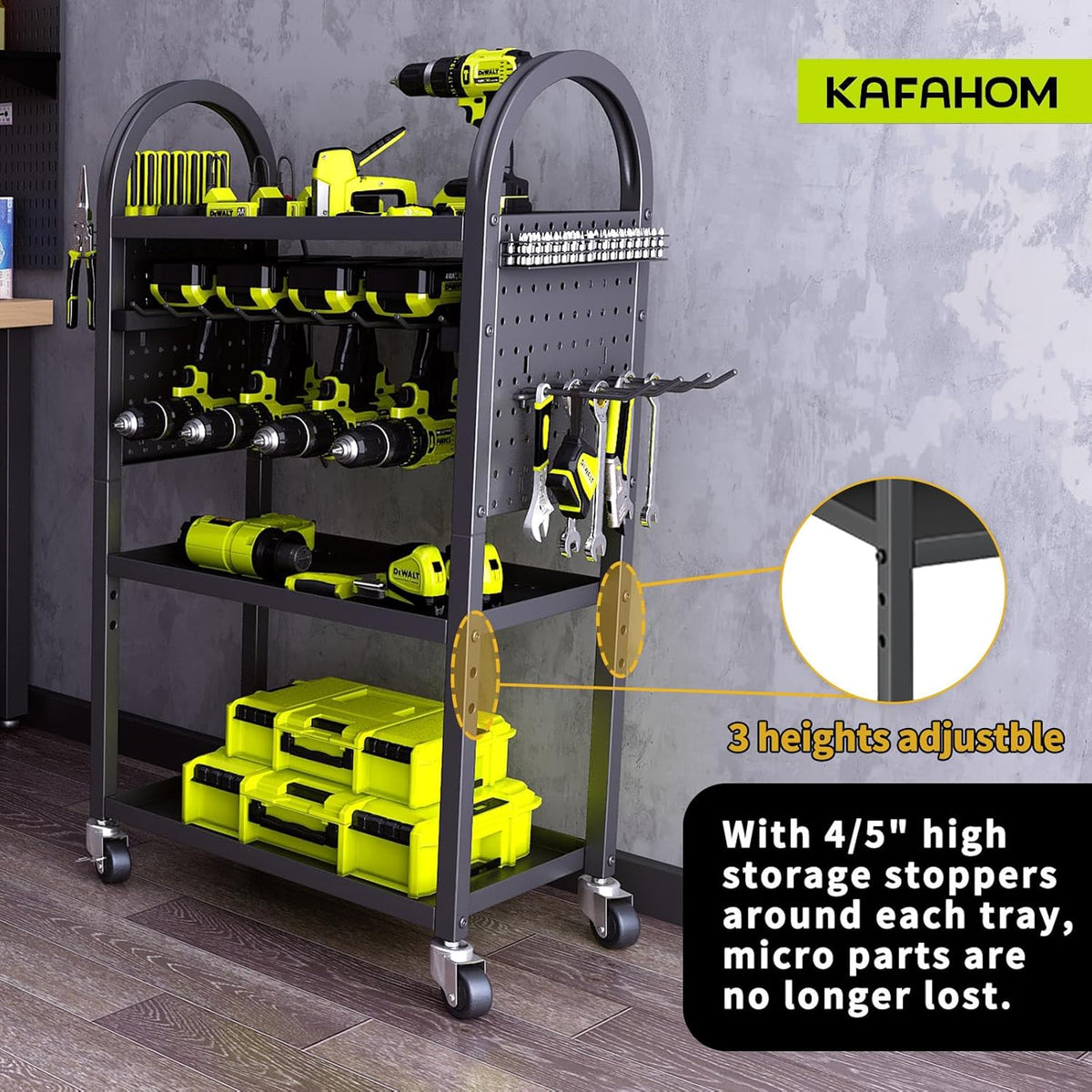 KAFAHOM Power Tool Organizer - 4 Tier Rolling Tool Cart with 8-12 Drill Holder,Tool Storage Cart on Wheels - Heavy Duty Metal Utility Tool Shelf for Garage, Workshop, Warehouse & Repair Shop