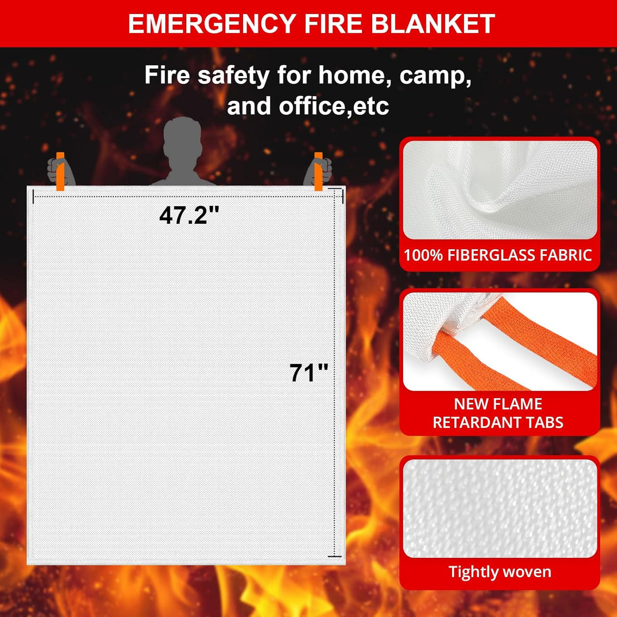 SecuCaptain Emergency Fire Blanket for Home - 2 Pack 47.2"x71" X-Large Flame Retardant Blankets with Fireproof Tabs for House Camping Kitchen Fire Protection Survival Safety