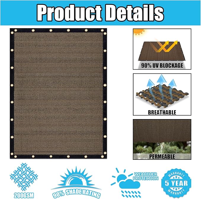 Amagenix 90% Shade Fabric 20'X 22' Mocha Sun Shade Cloth with Grommets for Pergola Replacement Shade Cover Canopy, Heavy Duty, Cable Zip Ties Included (We Customized)