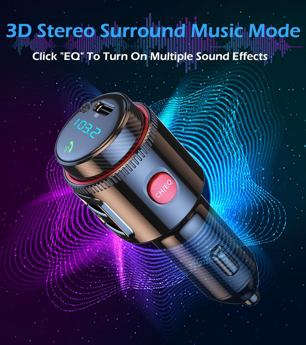Bluetooth Car Adapter, Wireless AUX FM Transmitter, USB C&QC3.0 Dual Fast Charging, Cigarette Lighter Radio Music, Supports Hands-Free Siri Google Assistant & USB Drive, HiFi Bass Sound