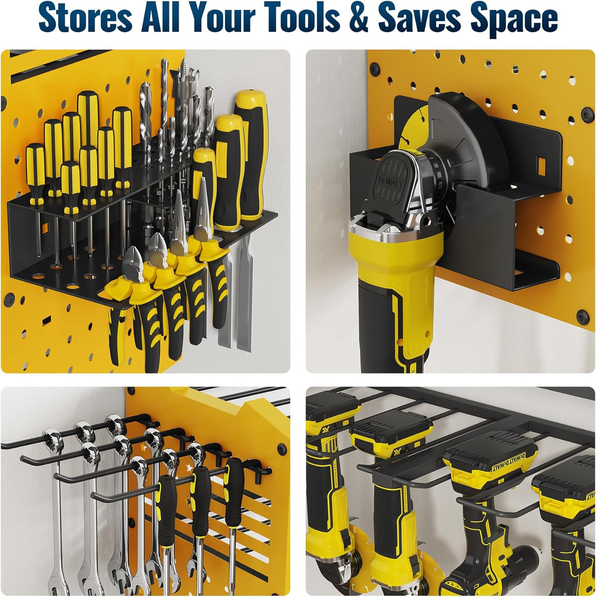 Tomorotec Wall-Mounted Power Tool Storage Rack for Drill, Toolbox & Accessories, Heavy-Duty Steel Organizer with Side Hooks and Adjustable Shelves, Easy Installation Garage & Workshop Storage (Yellow)