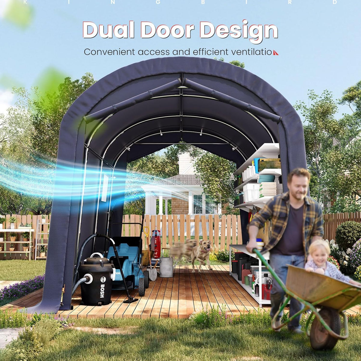 KING BIRD 10' x 15' Heavy Duty Round Style Carport with Roll-up Ventilated Windows Car Tent Carport Tent Outdoor Instant Garage Car Canopy with Reinforced Ground Bars