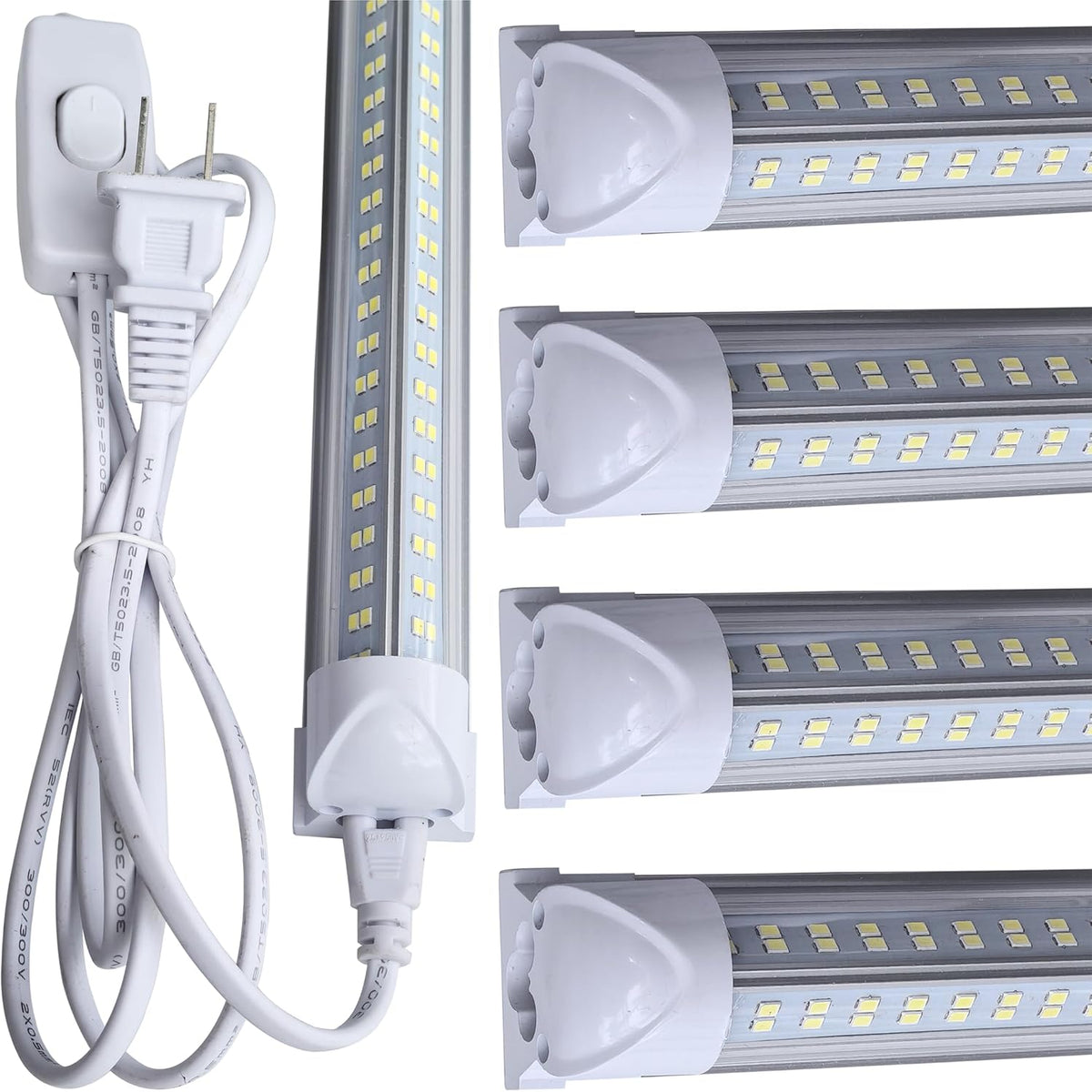 LED Shop Light Fixture, 4FT, 60W 7500LM, 6000K Cold White, 4 Foot T8 Integrated LED Tube Lights, Plug in Warehouse Garage Lighting, V Shape, Linkable with On/Off Switch (4PCS)