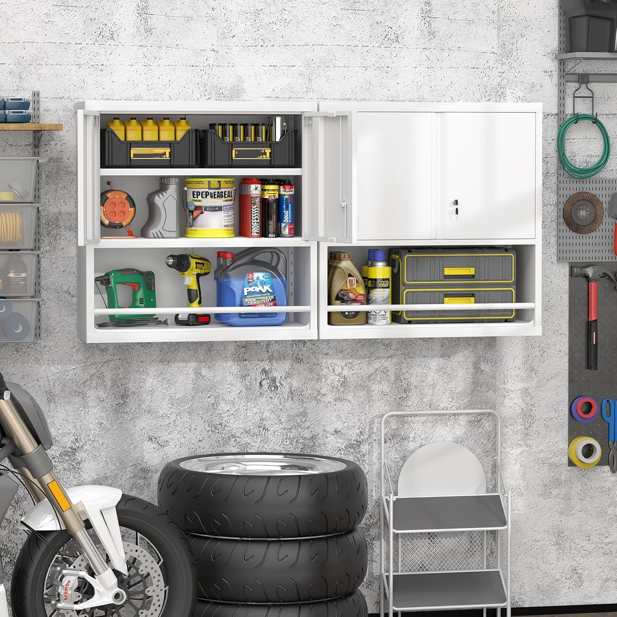 GREATMEET Locking Metal Garage Storage Cabinet with Doors and Shelves, 31" H Lockable Wall Cabinet Storage, White Steel Wall Mount Cabinet for Office