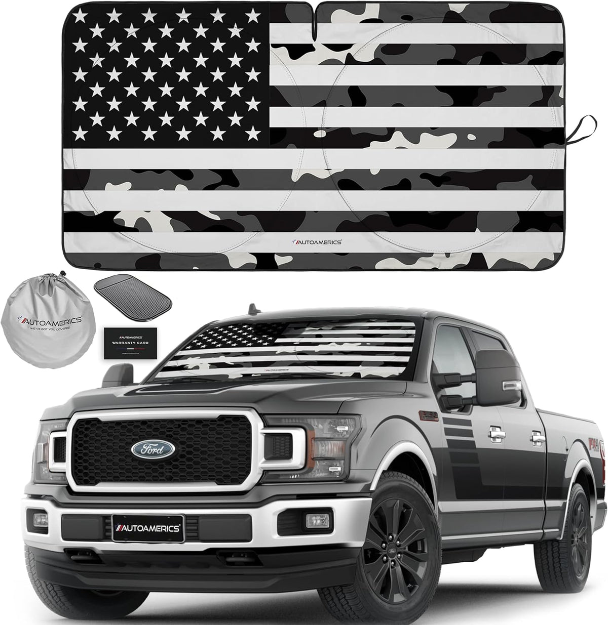Autoamerics Truck Windshield Sun Shade with Storage Pouch & Anti-Slip Dash Pad - Foldable B&W Camo USA Flag Design - Fits Most SUVs & Trucks - Blocks UV Rays and Keeps Car Cool | XL (66 x 36 inches)