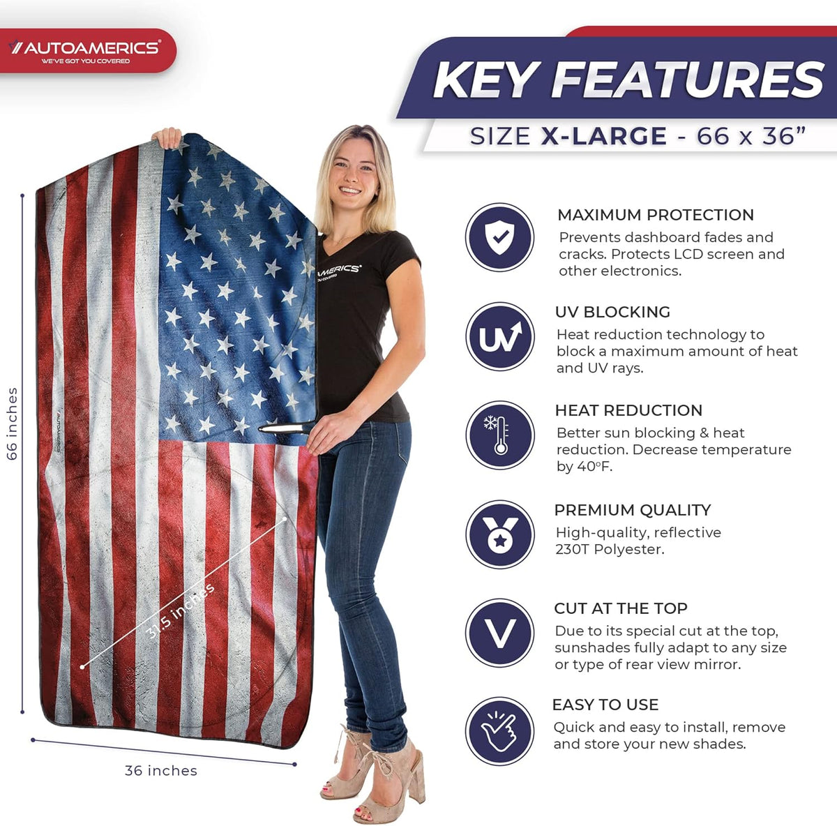 Autoamerics Truck Windshield Sun Shade with Storage Pouch & Anti-Slip Dash Pad - Foldable Grunge USA Flag-3 Design Cover - Fits Most SUVs & Trucks -Reflective 230T Material | X-Large (66 x 36 inches)