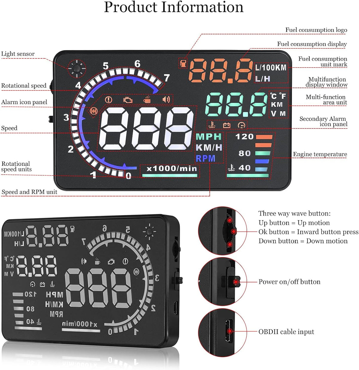 Heads Up Display for Cars, Digital Speedometer for Car A8 with OBD Function, 5.5 Inch Large Screen, HUD Speedometer for Car for All Vehicles