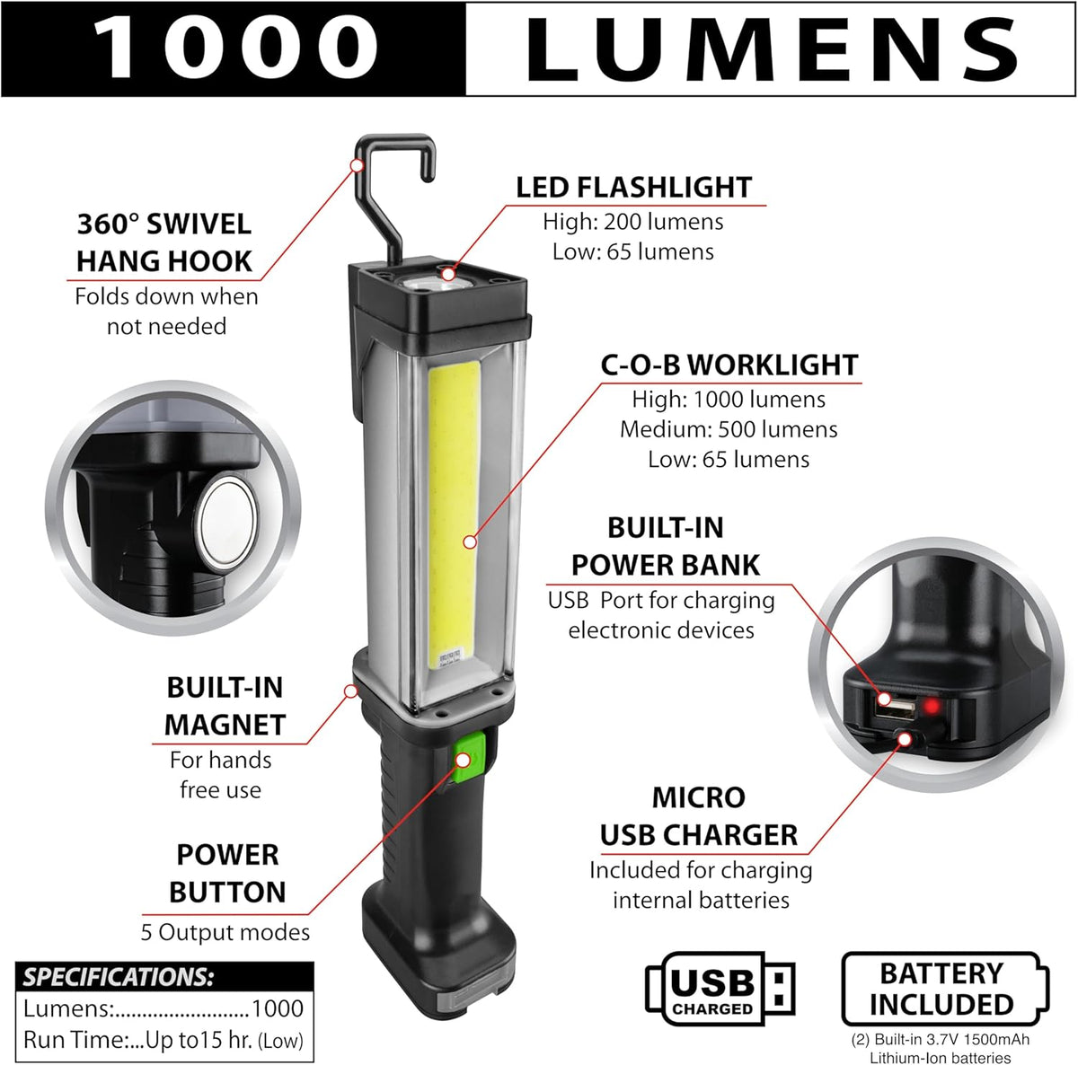 Performance Tool 189 1000LM Li-Ion Work Light w/Power Bank