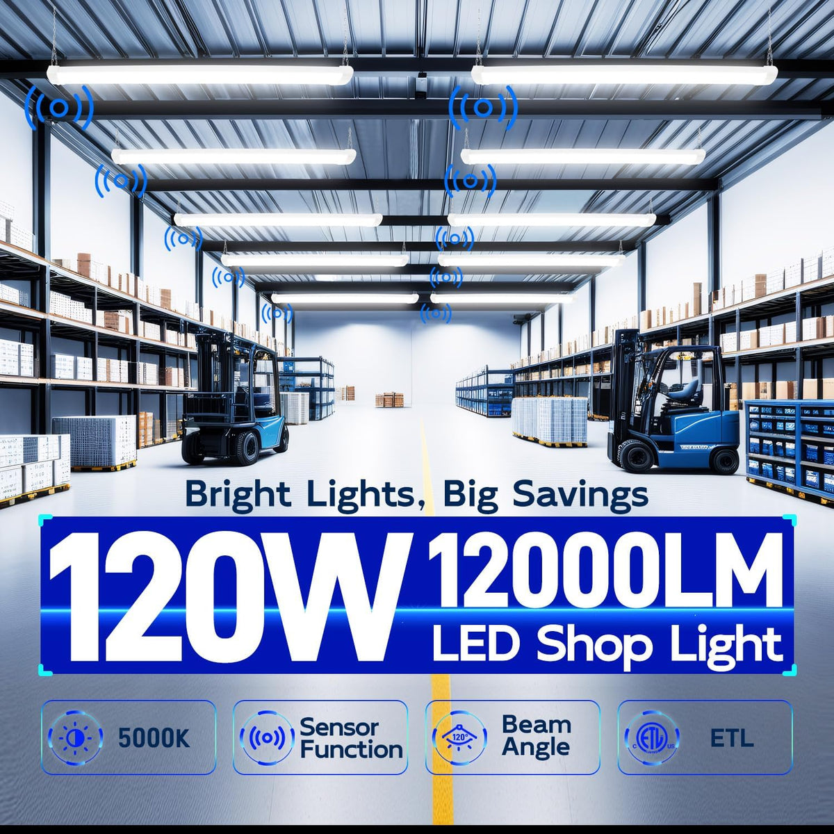 hykolity Pir Sensor 4FT 120W LED Shop Light, 12000lm(370w Equivalent), 5000K Daylight, Motion Activated, Hanging or FlushMount, with Power Cord, for Garages, Workshops, ETL, 2 Pack